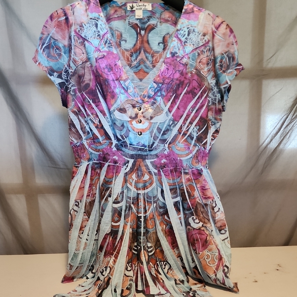 Unity World Wear Pink and Blue Flutter Sleeve Blouse